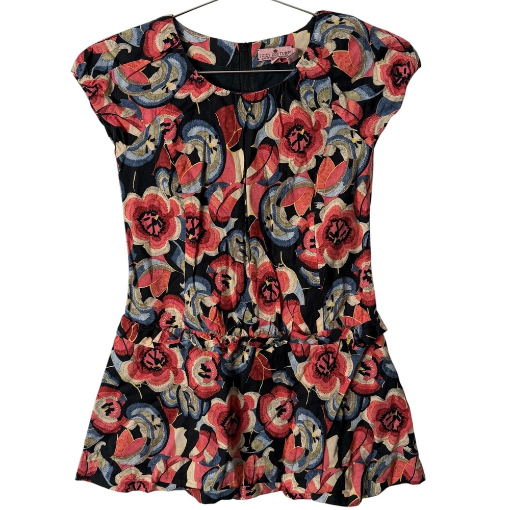 VTG Juicy Couture Girls Floral Drop Waist Dress Black Pink Size 7 100% Cotton